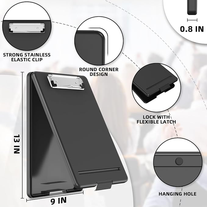 Clipboard with Storage, Plastic Storage Nursing Slim Clipboard with Low Profile Clip, Foldable Letter Size for Nurse, Kid, Salary, Coach, Jobsite, Industrial, Office(9" x 13"x 0.8", Black)