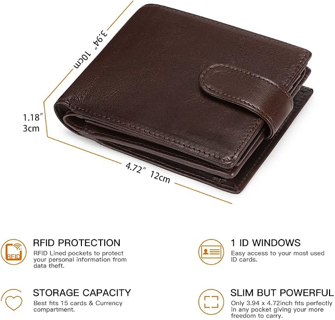 GOIACII Mens Wallet Large Capacity Genuine Leather RFID Blocking Bifold Wallets for Men with ID Window and 15 Card Slots