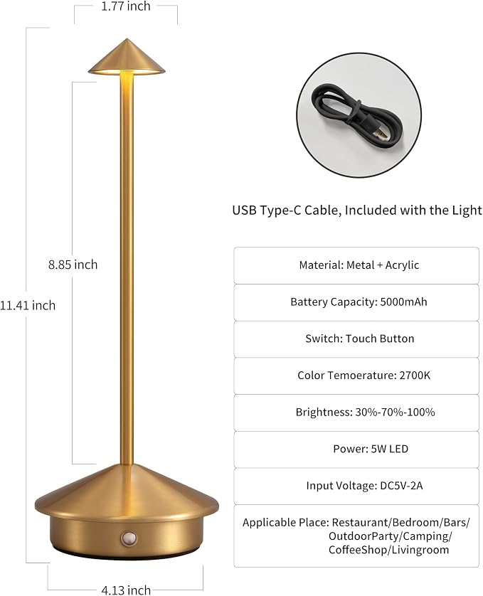 Modern Cordless Table Lamp Set of 2, Gold Portable LED Desk Lamps | 5000mAh, Rechargeable, Battery Operated Lighting for Bedroom, Dining Room, Restaurant, Coffee Shop, Camping, Night Light