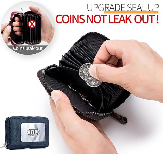 Genuine Leather Credit Card Wallet Accordion Zipper Rfid Credit Card Holder Small Coin Purse with ID Window (dark blue)