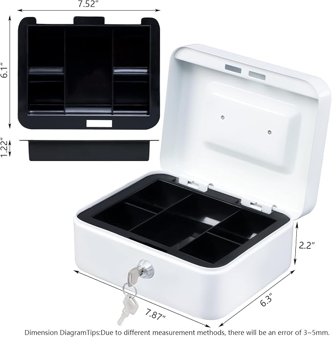 KYODOLED Medium Cash Box with Money Tray,Small Safe Lock Box with Key,Cash Drawer,7.87"x 6.30"x 3.54" White Medium