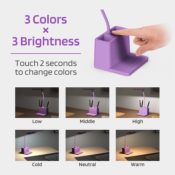Purple Desk Lamp, Cute Table Light for Home Office College Dorm | Small, LED, Rechargeable, Battery Operated, Cordless, Gooseneck, Mini, Study Accessories, for Teen Girls