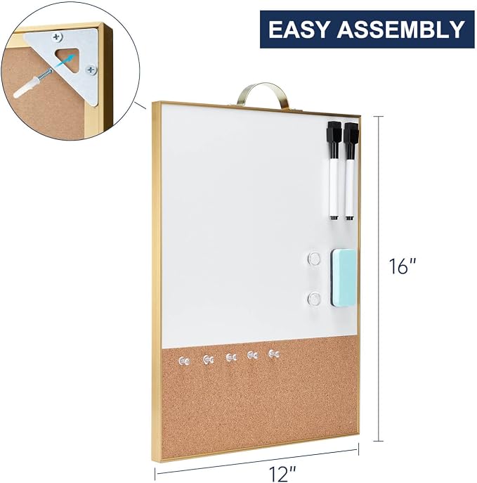 Small Combination Board - 16" X 12" Portable Aluminum Gold Framed Magnetic Dry Erase Board for Wall, Small Bulletin Cork Board with Holder for Office, Home and School