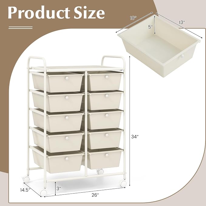 RELAX4LIFE 10 Drawer Storage Cart - Ivory Metal Frame Rolling Art Cart Organizer with Lockable Wheels, Utility Cart for Crafting Storage, Office, Home, School