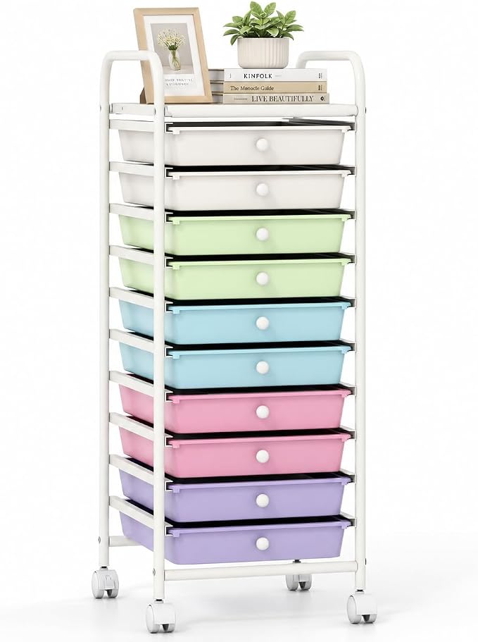 COSTWAY 10-Drawer Rolling Storage Cart, Ice Cream Colorful (Ice Cream Colorful,13"L x 15"W x 34"H (10 Drawer))