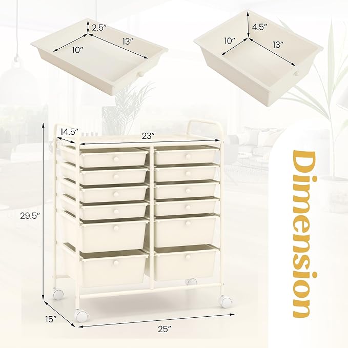 12 Drawer Rolling Storage Cart, Craft Cart Organizer on Wheels w/Metal Frame, Large Capacity & Smooth Drawer, Rolling Cart w/Drawers for Classroom, Office