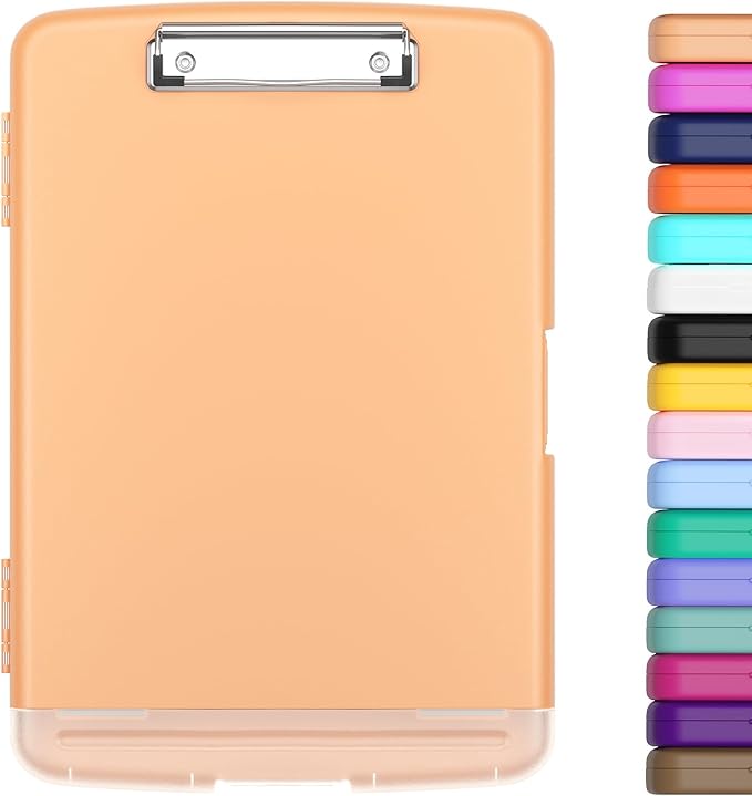 Hongri Clipboard with Storage with Pencil Case, 8.5 x 11 Storage Clip Board | High Capacity Organization Box for A4 Letter Legal Paper, Heavy Duty Folio & Side-Opening for Nurses, Teachers, Light Orange