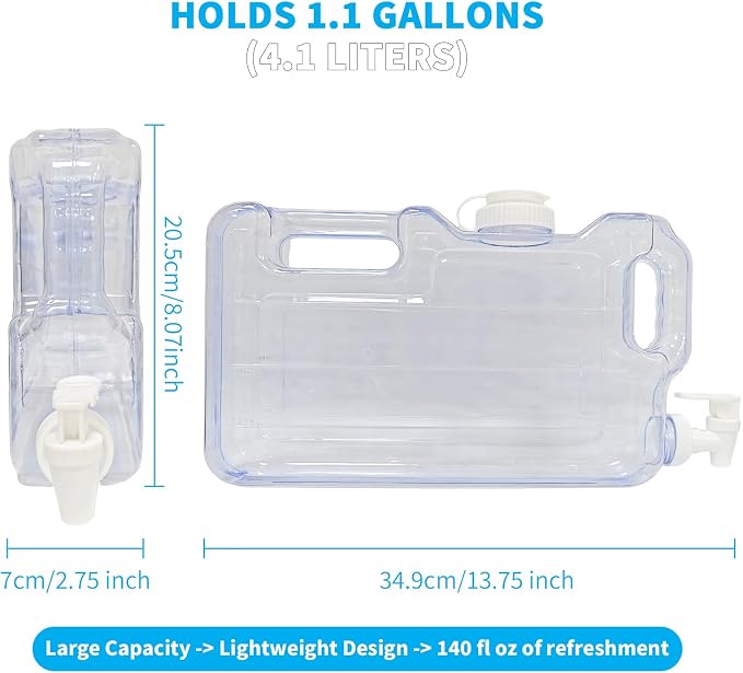 Refrigerator Water Dispenser 1.1 Gallon, Plastic Beverage Dispenser with 2 Spigots,Leak-Proof, Easy-Grip Handle & Easy-Pour Spout, Refillable Container for Fridge, Kitchen, Juice, Daily Use