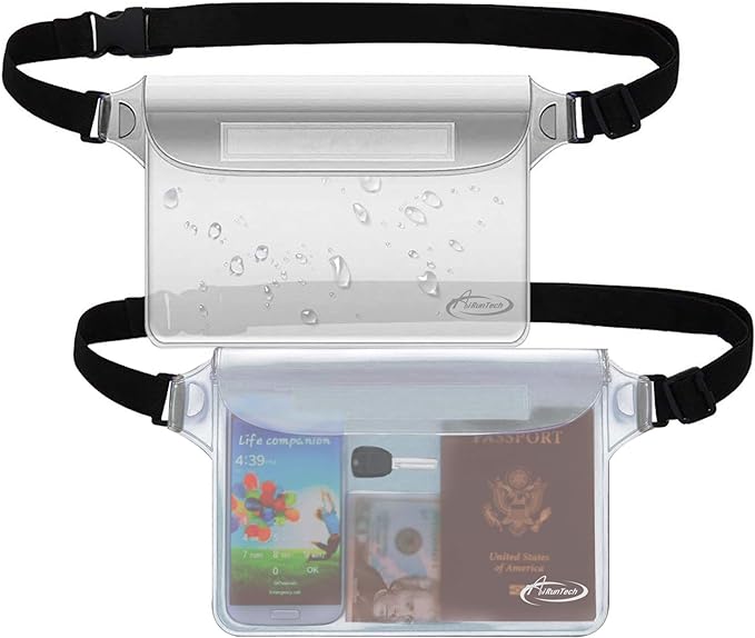 AiRunTech Waterproof Pouch with Waist Strap (2 Pack) | Beach Accessories Best Way to Keep Your Phone and Valuables Safe and Dry | Perfect for Boating Swimming Snorkeling Kayaking Beach Pool Water Park