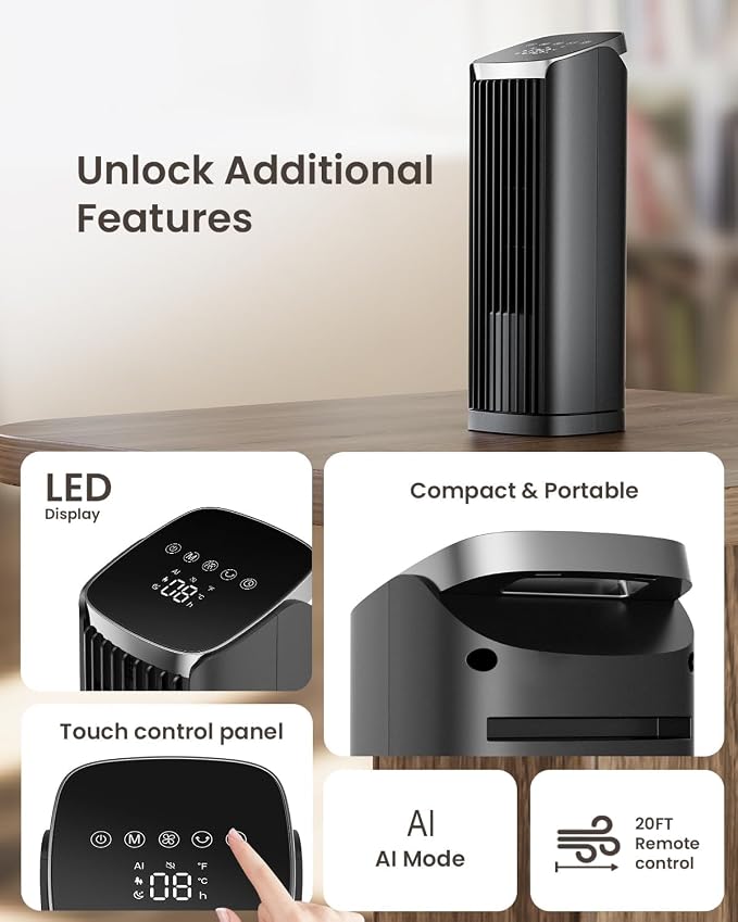 PNTCK 13" Tower Fan for Bedroom, Portable Desk Fan with 4 Speeds, 4 Modes | Quiet Cooling Fan with Remote, 12H Timer, 70° Oscillating Fans Bladeless Table fan for Room Office Home