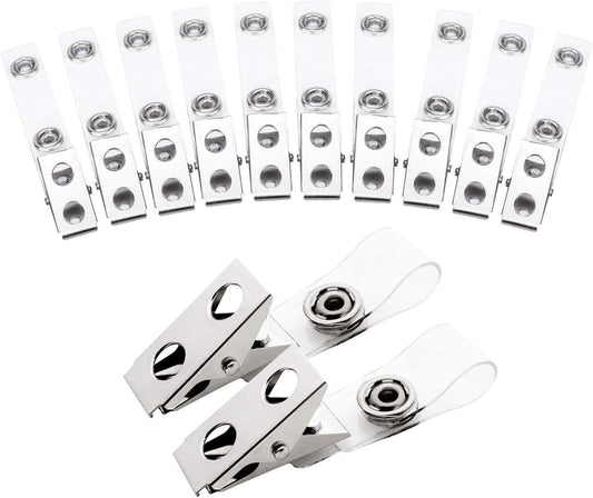Fushing 100Pcs Metal Badge Clips with Clear PVC Straps for ID Cards and Badge Holders