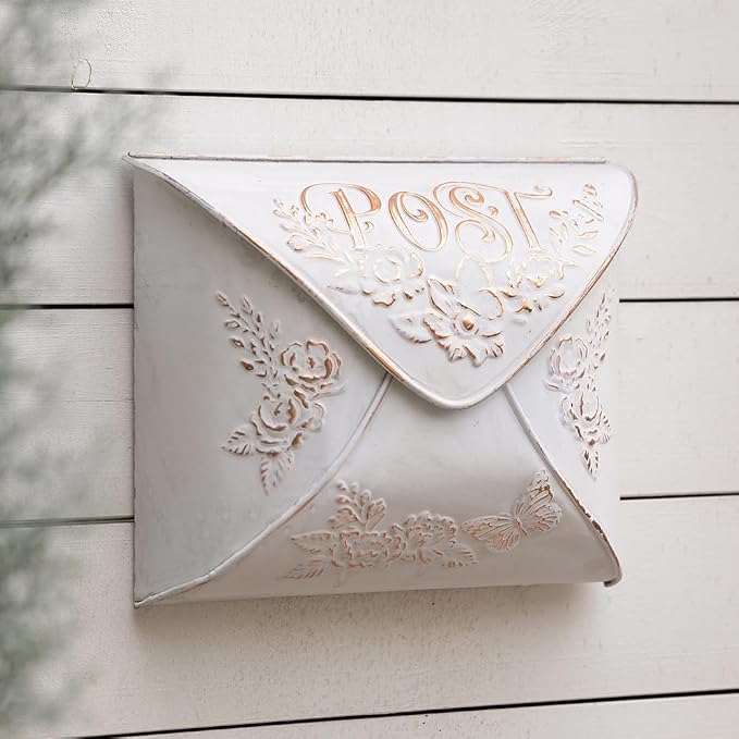 Wall Mount Mailbox for House Outside,5" D x 13.8" W x 11.4" H,Vintage Metal Door Mailbox Antique Style Nostalgic Charm Home Decor Garden Vintage English Cottage Decor(White)