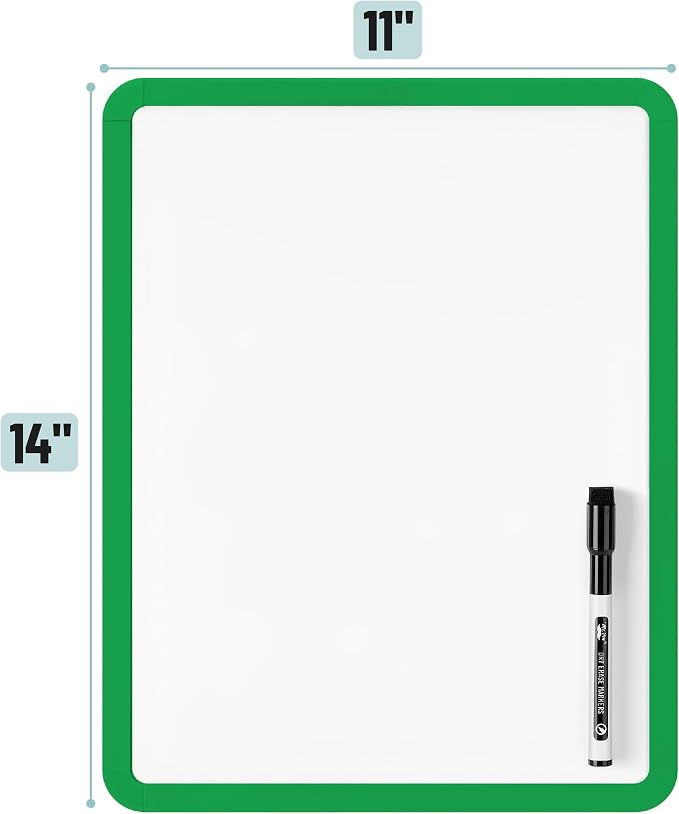 Mr. Pen- Dry Erase Board, 14” x 11” with a Black Dry Erase Marker | Green Frame, Small Mini White Board for Students, Fridge, Wall, Locker, Includes Double Sided Tapes