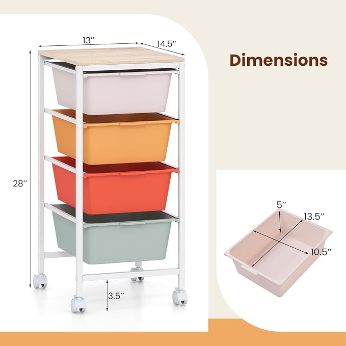 Giantex Rolling Storage Cart with 4 Drawers, Utility Cart w/Wooden Tabletop, Lockable Wheels, Multipurpose Organizer for Art Craft Scrapbook Paper, Drawer Carts for Dorm Classroom Office, Macaron