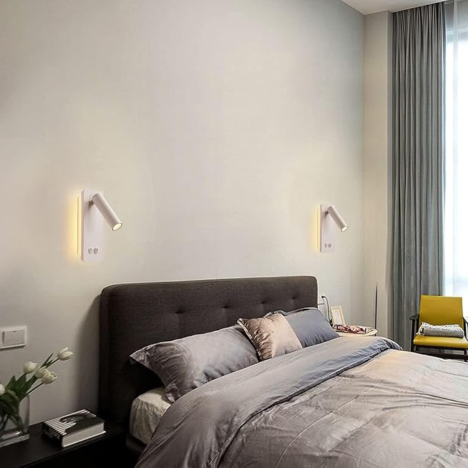Bedside Reading Lamp Wall Mounted, LED Wall Reading Lights for Bed, Plug in Wall Sconce Set of 2, Bed Reading Light 3W 3000K Book Light with 9W Ambient Lighting