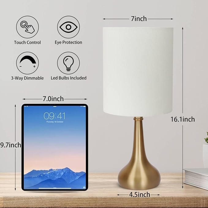 Set of 2 Bedside Touch Lamps, 16 Inch Dimmable Small Nightstand Lamp, Night Light Lamp Simple Touch Table Lamp with Brass Metal Base for Living Room Bedroom Office, A19 3000K Led Bulb Included