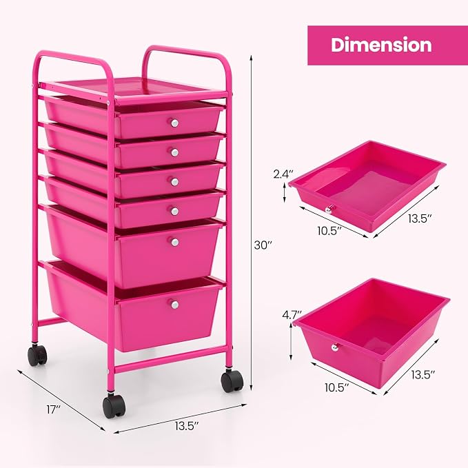 COSTWAY 6-Drawer Rolling Storage Cart, Art Craft Tools Organizer on Wheels | Multifunctional Heavy Duty Utility Mobile Storage Trolley w/ 2 Lockable Wheels for Home Office School (Hot Pink)