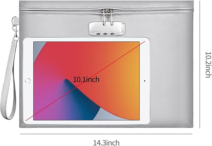 Fireproof Document Bag with Lock, ZOOPIP 14.3"x10.2" Fireproof and Waterproof Money Bag with Zipper Closure, Storage Pouch for A4 Letter Size Document, Cash, Cell Phone, Tablet,Passport-Gray
