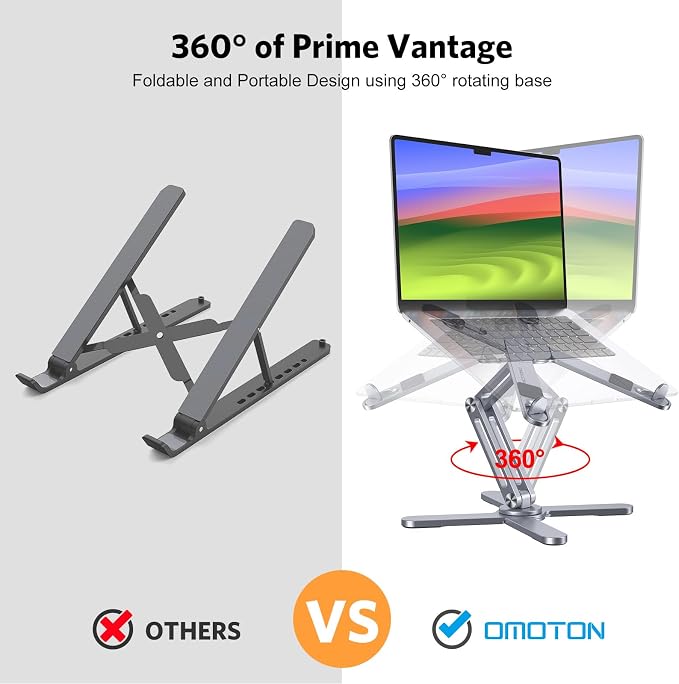 OMOTON LA10 360° Rotating Laptop Stand Riser Foldable for Desk, Space Grey | Aluminium Aolly, Adjustable Height Angles, Collaborative Work, Easy Storage, Fits Laptops up to 17", for MacBook Pro/Air HP