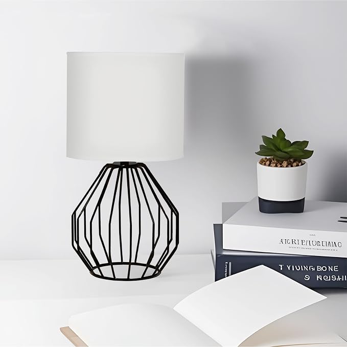 Small Table Lamp Black, Modern Minimalist Desk Lamp with Metal Base White Fabric Shade, Bedside Nightsand Table Lamp for Bedroom, Living Room, Kids Room