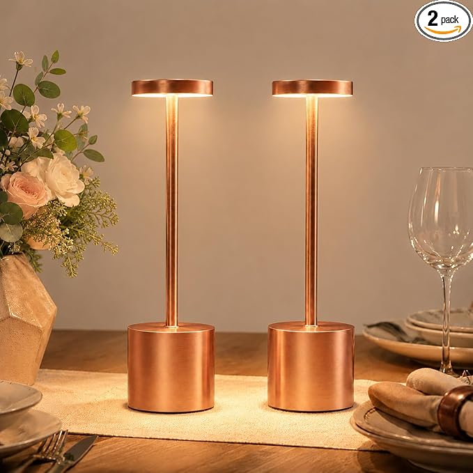 Rose Gold Cordless Table Lamps Set of 2, Battery Operated Rechargeable LED Lamps with Touch Control, 3 Color Temperatures, 5000mAh Dimmable Wireless Portable Lamp for Bedroom Nightstand Living Room