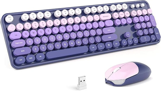 MOFII Wireless Keyboard and Mouse Combo, Full Size 2.4G Plug and Play Typewriter Retro Round Computer Keyboard and Mouse Set for Windows, Computer, Desktop, PC, Notebook - (Purple Gradient)