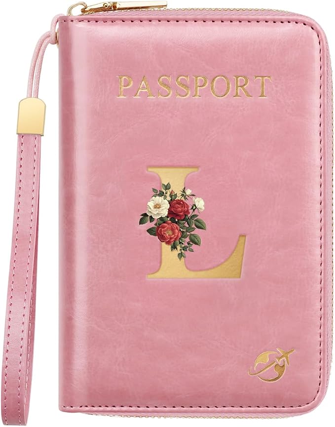 Passport Holder for Travel Personalized Wallet with Wristlet Women | All-in-One Passport Cover, RFID Blocking, Back Coin Pocket, Paper Money Slot, Zipper Closure, Roses Initial Letter, Pink L