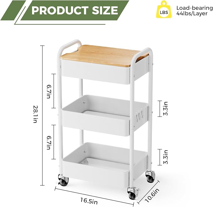 3-Tier Rolling Cart with Table Top, Metal Utility Cart on Wheels | Sturdy Storage Organizer Cart with Lockable Wheels&Hooks for Craft, Office, Classroom, Kitchen and Bathroom, WHite
