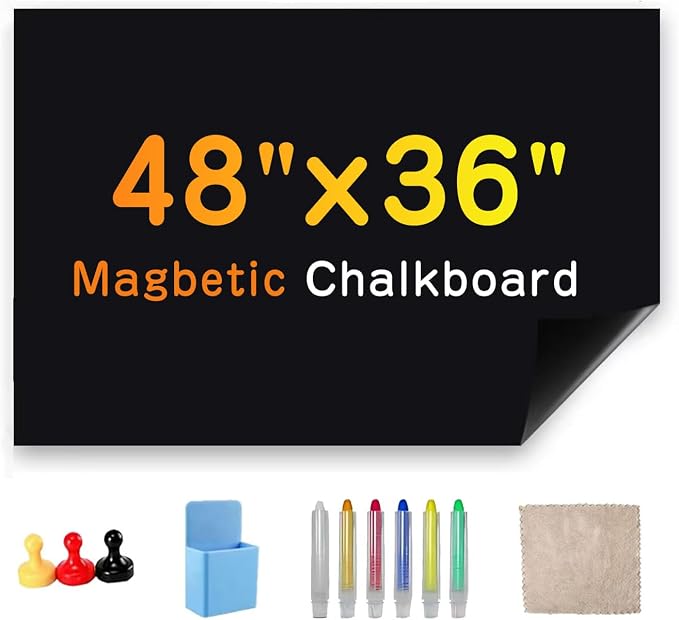 Magnetic Chalkboard 36"x48" for Wall Chalk Board Sticker | Peel & stick magnetic contact paper for walls. Magnet receptive sheet holds magnets, perfect for office or drawing.