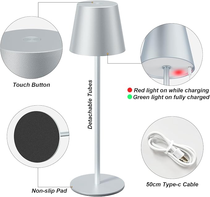 Kakanuo Silver Grey Cordless Lamp Rechargeable - 2 Pack 5000mAH Battery Operated Table Lamp for Counter, 3 Color Stepless Dimming Wireless Lamp for Dining Kitchen, Outdoor Patio, Touch Control