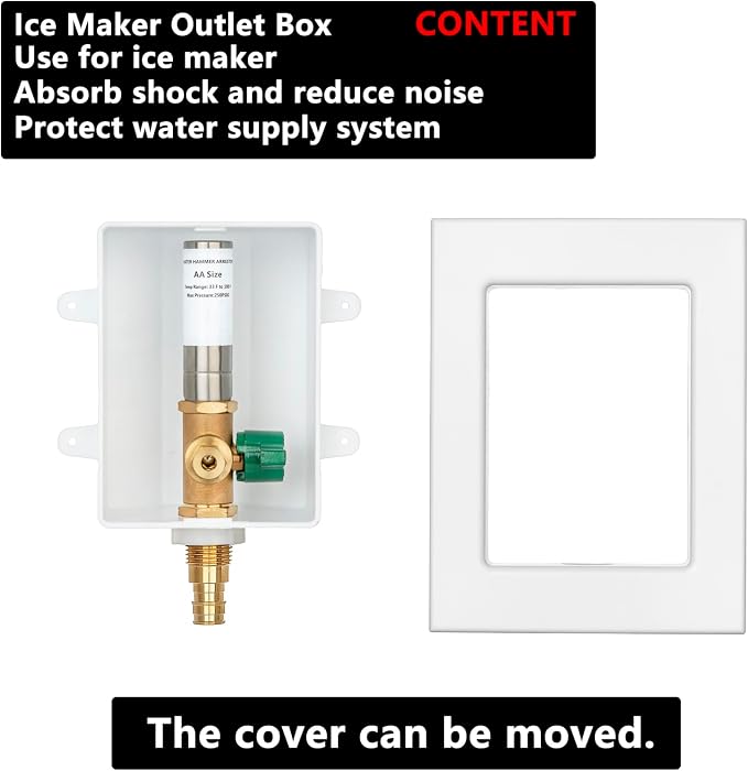 (1 Pack) Lidertik 1/2 inch Expansion PEX-A Pre-Assembled Ice Maker Outlet Box Valve 1/4 inch Recessed Refrigerator Water Line with Shut Off Valve and Stainless Steel Water Hammer Arrestor LI-ZBQH-631