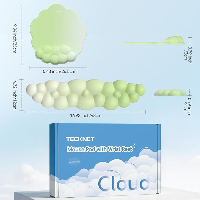 TECKNET Cloud Wrist Rest & Ergonomic Mouse Pad, Cloud Keyboard Wrist Rest with Non-Slip Base, PU Leather Memory Foam Wrist Pad for Keyboard and Mouse, Pain Relief for Typing, Gaming, Green