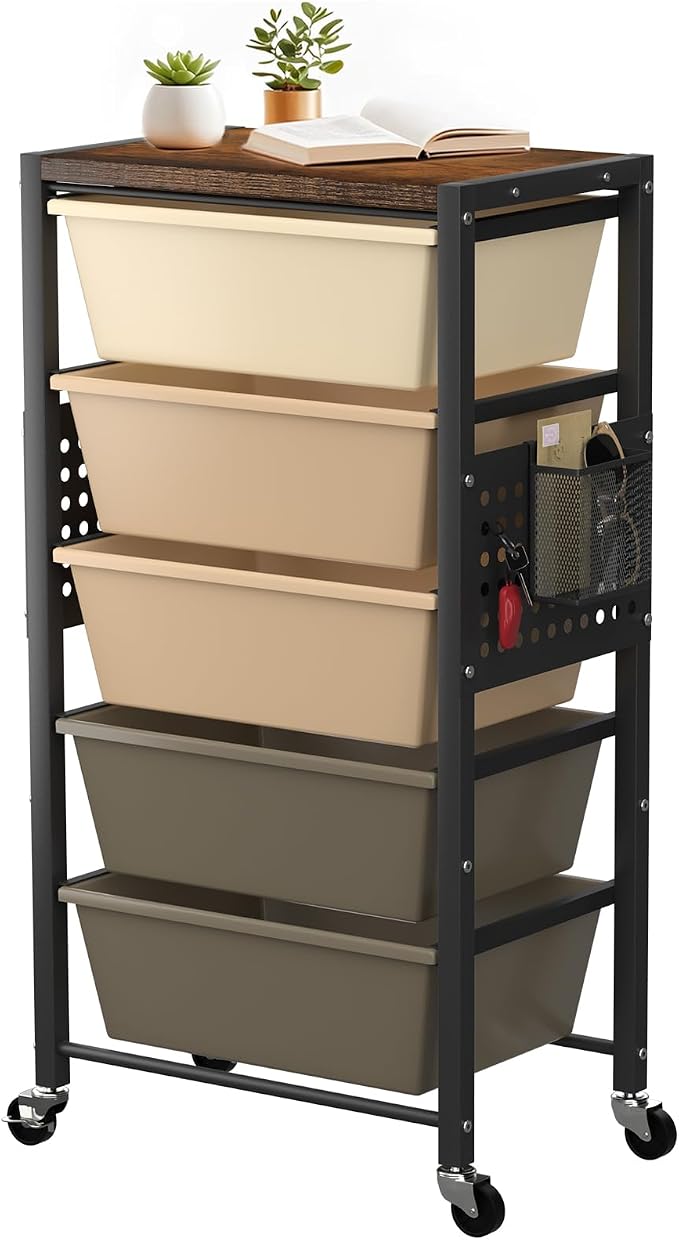 Rolling Cart with 5 Drawers, Plastic Drawer Storage Carts with Wheels & Wooden Tabletop, Metal Utility Cart with Pegboards, Office Living Room Classroom Craft Organization and Storage, Dark Brown