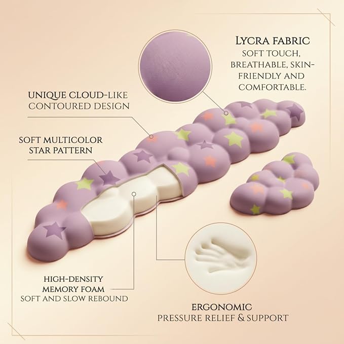 Cloud Wrist Rest Set for Keyboard & Mouse,Light Purple Colorful Star | Memory Foam Arm Rest with Ergonomic Support Fits Full Keyboards and Reduces Typing Fatigue for Office, Gaming and Home Use