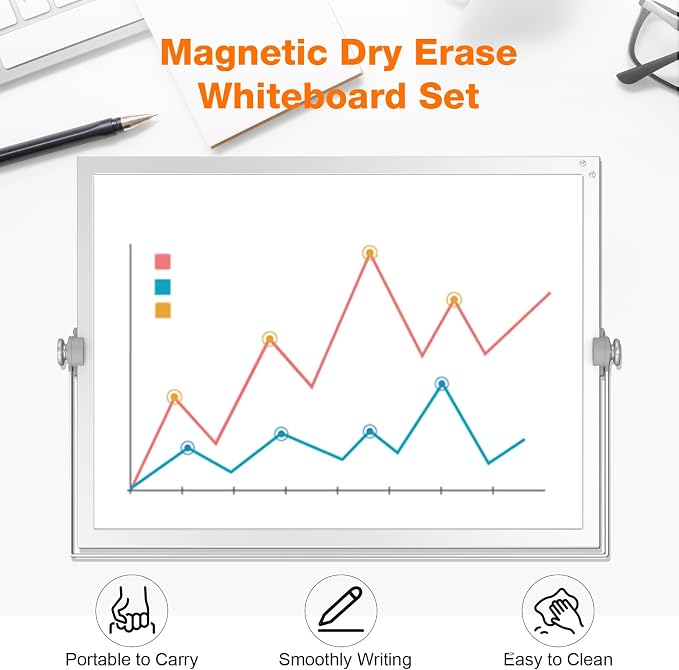 Desktop Weekly Whiteboard 16x12 Stand, Double Sided Dry Erase Board | Portable with Handle, Foldable Aluminum Stand, 360° Angle, 8 Markers 4 Magnets 1 Eraser, Smooth Magnetic Surface
