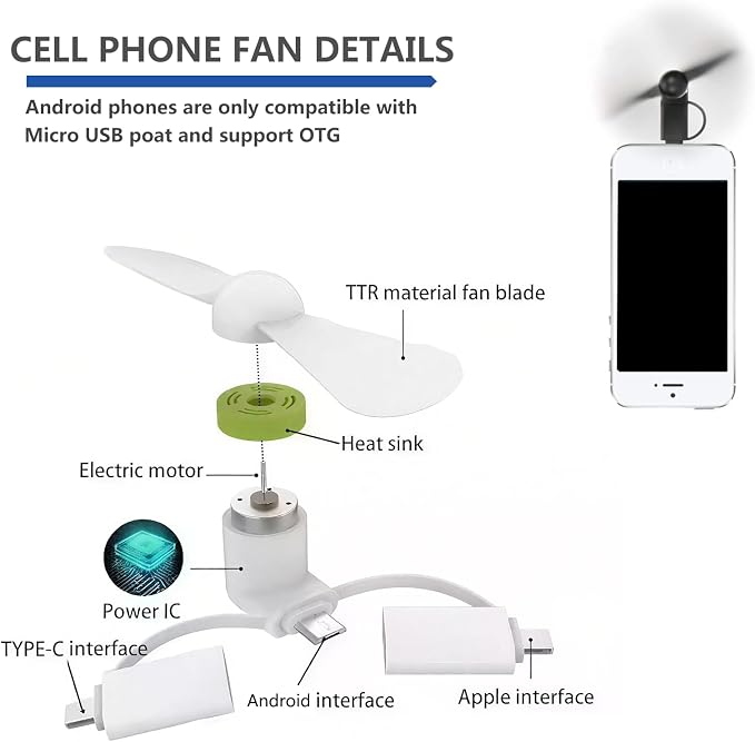 JORMEY 6 Pack Mini Cell Phone Fan, 3 in 1 Portable Cellphone Fan Pocket Fans Travel Fans Fast Cooling for Summer Outdoor, for iPhone Android Phone/Type-C Interfaces