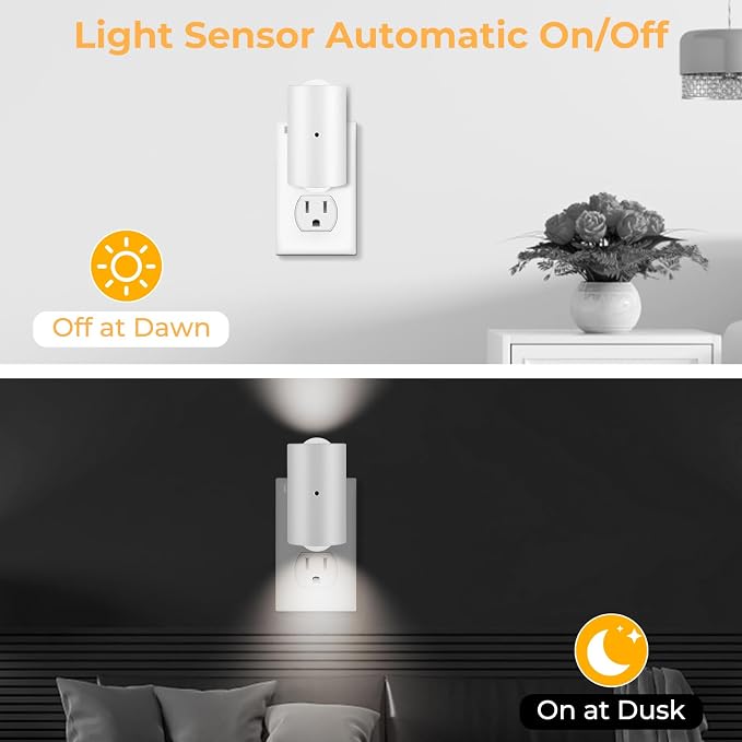 4-Pack Plug-in Dimmable Night Lights with Light Sensor, 4000K Cool White, Adjustable Brightness 0-200 LM, Auto On/Off at Dusk & Dawn for Bathroom Hallway Staircase