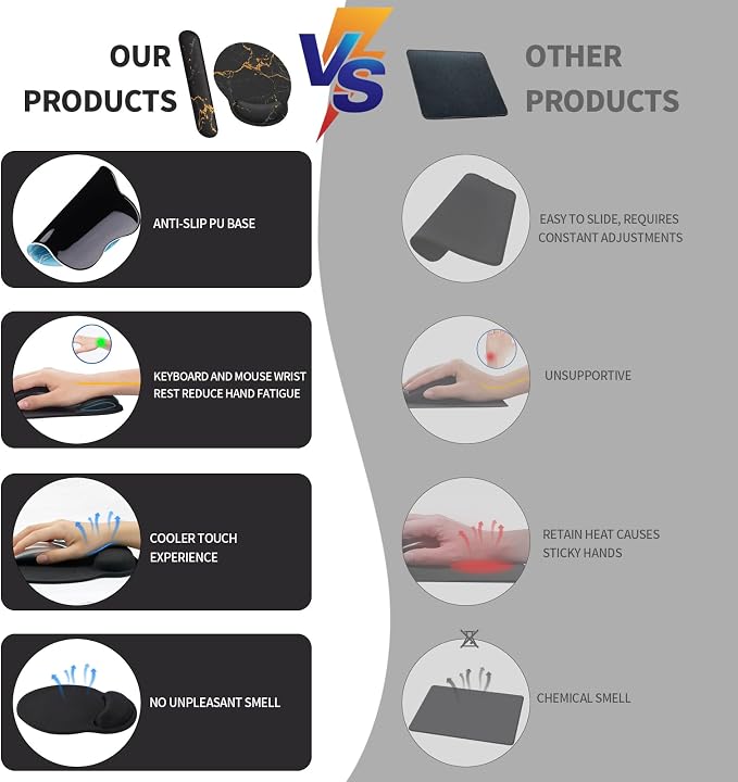 Mouse Pad Wrist Support, Ergonomic Memory Foam Keyboard Wrist Pad & Gel Wrist Rest Set for Computer Keyboard for Easy Typing & Pain Relief for Office & Home (Black Marble Set)