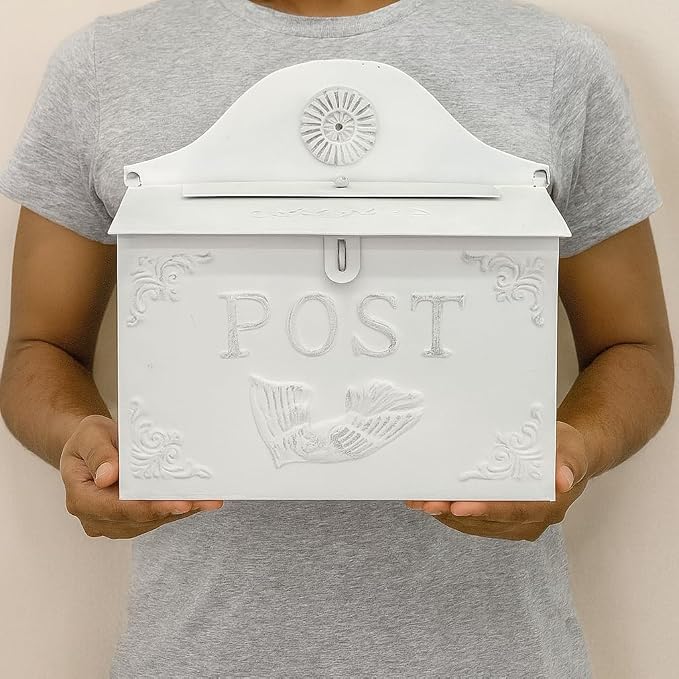 I Vintage Style Post Box I Nostalgic Charm Home Decor I Farmhouse Design I 15.9" Height x 11" Wide (All White Horizontal)