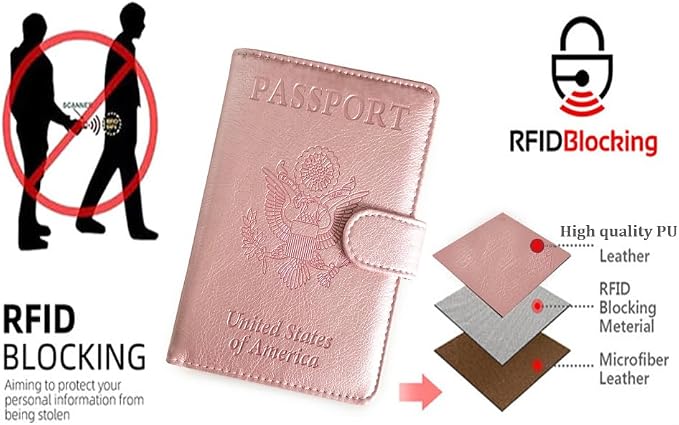 RFID Blocking Passport Holder - PU Leather Travel Wallet for Men Women, Credit Card Slots & Passport Case, Slim Lightweight Organizer for International Travel, (pink)