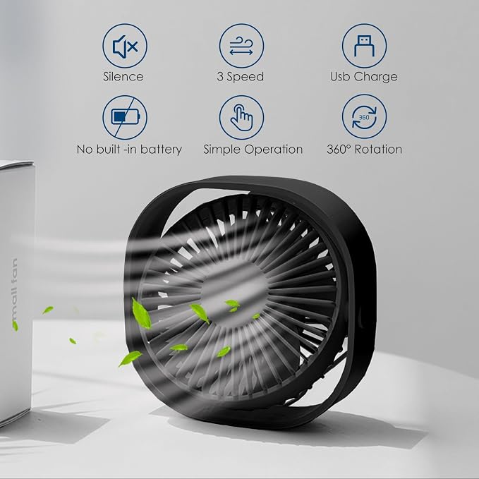 Simpeak Small USB Fan Small Quiet Portable USB Powered ONLY (No Battery), Cooling 3 Speed Setting 360° Adjustable Swivel Desktop Personal Fan for Home Office Bedroom Outdoor Travel Summer (Black)