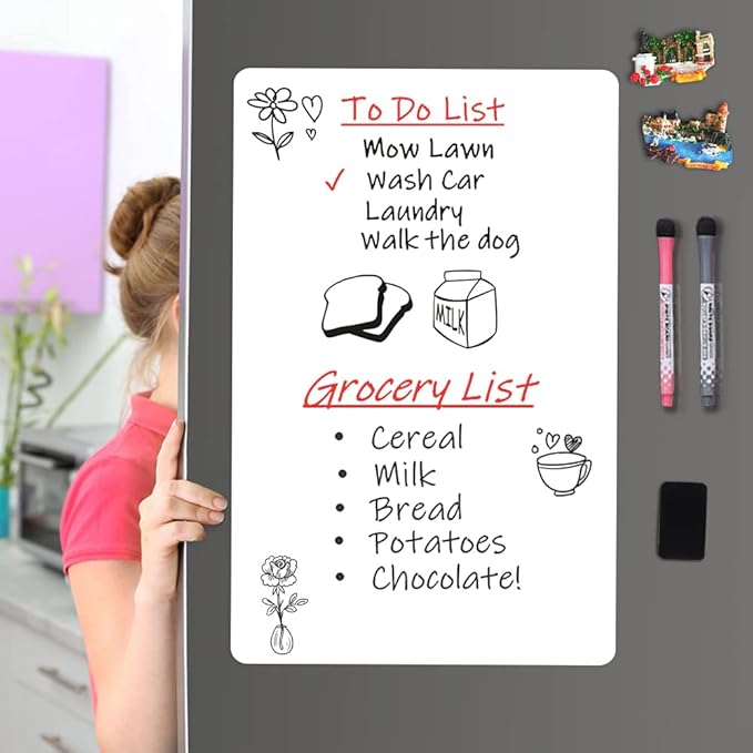 Magnetic Dry Erase Board Fridge Whiteboard Sheet 17"x11" | Easy to Write & Clean, Flexible Refrigerator Magnet, White Board Planner for Kitchen Grocery & To Do List, 2 Markers & Eraser
