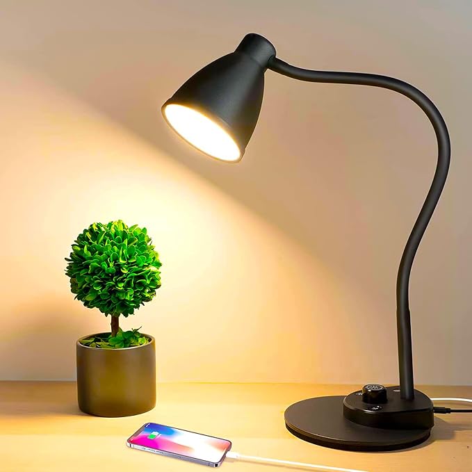 BOHON LED Desk Lamp with USB Charging Port 3 Color Modes Dimmable, Black | Reading Light Intelligent Induction Auto Dimming Task Lamp Neck Flexible Table Lamp for Bedside Office, AC Adapter Include