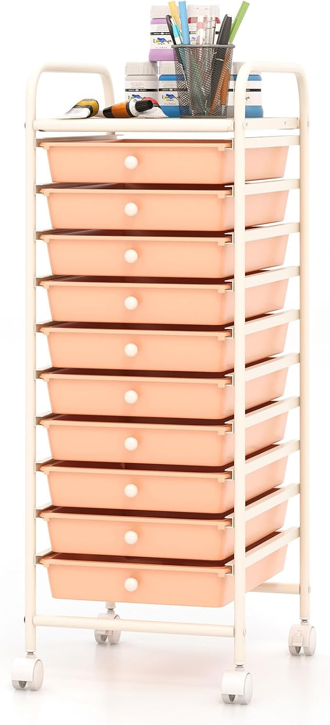 COSTWAY 10-Drawer Rolling Storage Cart, Utility Mobile Trolley | Removable Drawers & Universal Casters & 2 Brakes, Versatile Flexible Drawer Organizer Cart for Home, Office (Peach)