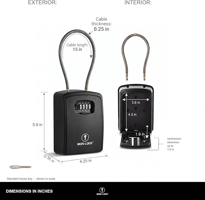 Iron Lock® XXL Portable Key Lock Box, 15in Steel Cable, Code (XXL, Black) | Holds 20-30 keys + car fobs; unique built-in tray; loops on gate or rail or wall-mounts; resettable code; dial cover