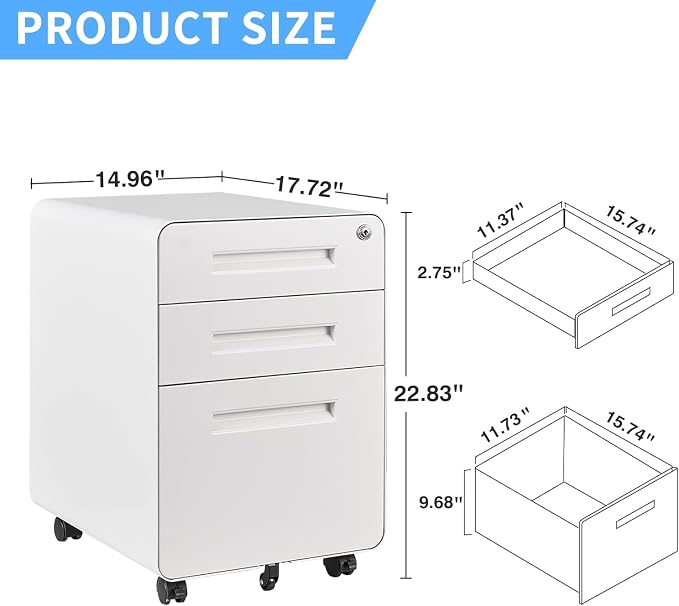 File Cabinet, 3 Drawer Filing Cabinets for Home Office with Lock Mobile Under Desk Fully Assembled Cabinet (White)