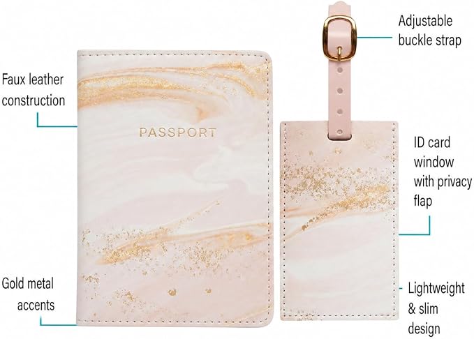 WORD TRAVELER Passport Cover Holder And Luggage Tag Set In Gift Box | Faux Material, Adjustable Buckle Strap, Privacy ID Window, Slim Lightweight Build for Easy Carry
