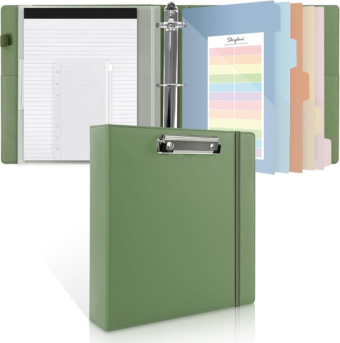 SKYDUE 3 Ring Binder with Clipboard, 2 Inch Binder, PU Clipboard Binder with Notepad & 5 Dividers with 5 Pockets, Labels, Clipboard Folder Great for School Office(Fit Letter Sized Paper)