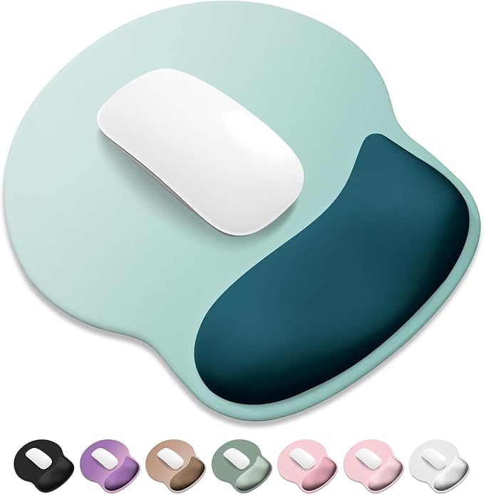 ITNRSIIET Ergonomic Mouse Pad with Wider Memory Foam Wrist Rest +17% - Curved Cushion Reduces Pressure 20%, Pain Relief, Non-Slip, Smooth, Cute Colors, 9.85 x 9 in, Light Green to White
