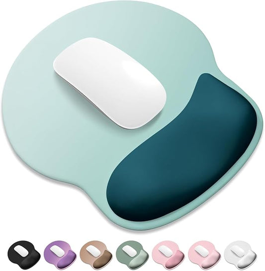 ITNRSIIET Ergonomic Mouse Pad with Wider Memory Foam Wrist Rest +17% - Curved Cushion Reduces Pressure 20%, Pain Relief, Non-Slip, Smooth, Cute Colors, 9.85 x 9 in, Light Green to White